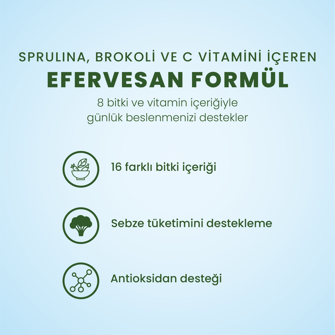 D-Green Bitkisel Efervesan 20 Tablet – Sebze Özleri ve C Vitamini İçeren Takviye Edici Gıda