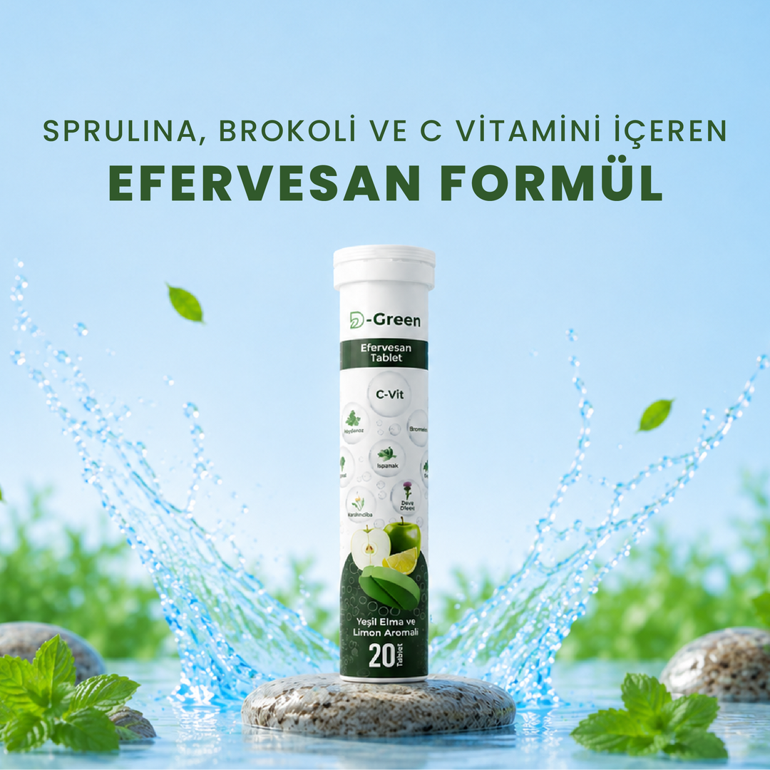 D-Green Bitkisel Efervesan 20 Tablet – Sebze Özleri ve C Vitamini İçeren Takviye Edici Gıda