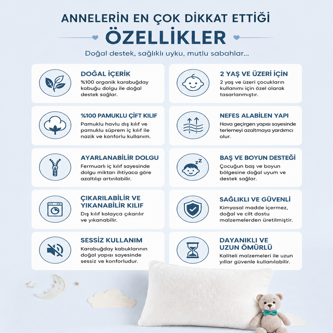 Organik Karabuğday Kabuğu Dolgulu Çocuk Uyku Yastığı (2 Yaş ve Üzeri)