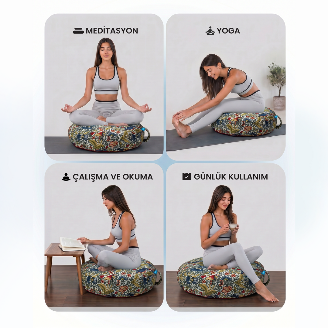 Doğal Karabuğday Kabuğu Dolgulu Meditasyon ve Yoga Minderi – Ortopedik Destekli Oturma Minderi 60 cm
