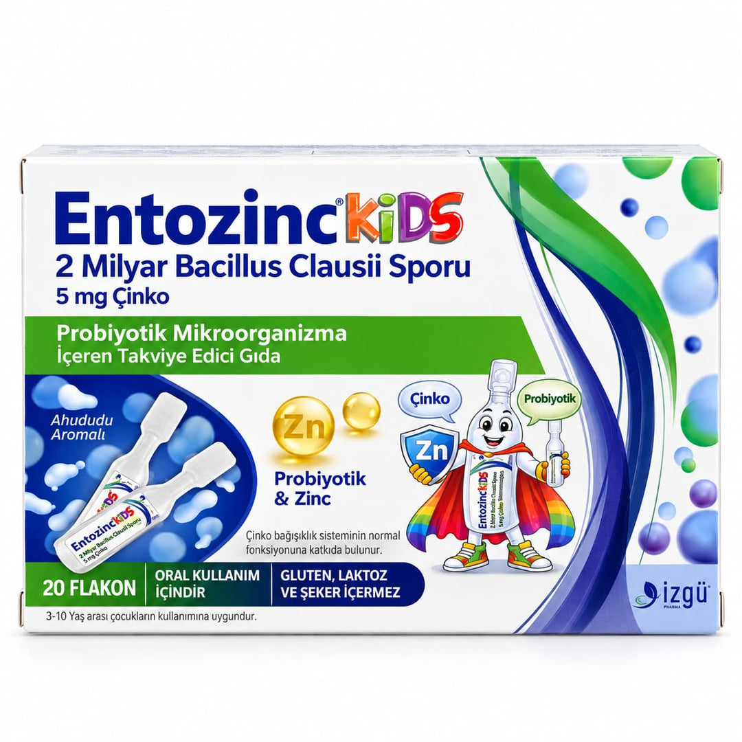 Entozinc Kids Ahududu Aromalı Çinkolu Sıvı Probiyotik- 20Flakon