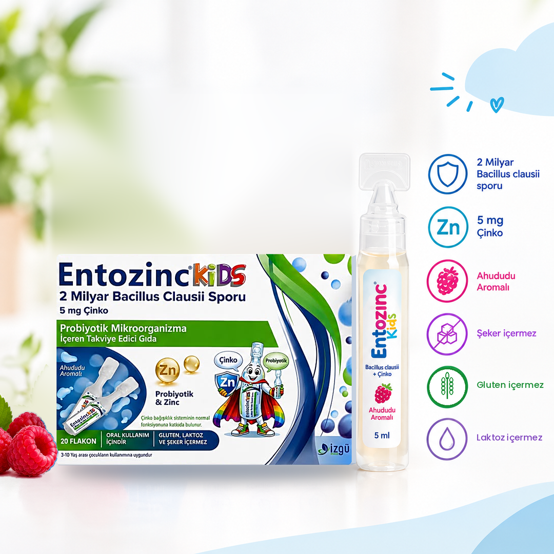 Entozinc Kids Ahududu Aromalı Çinkolu Sıvı Probiyotik- 20Flakon