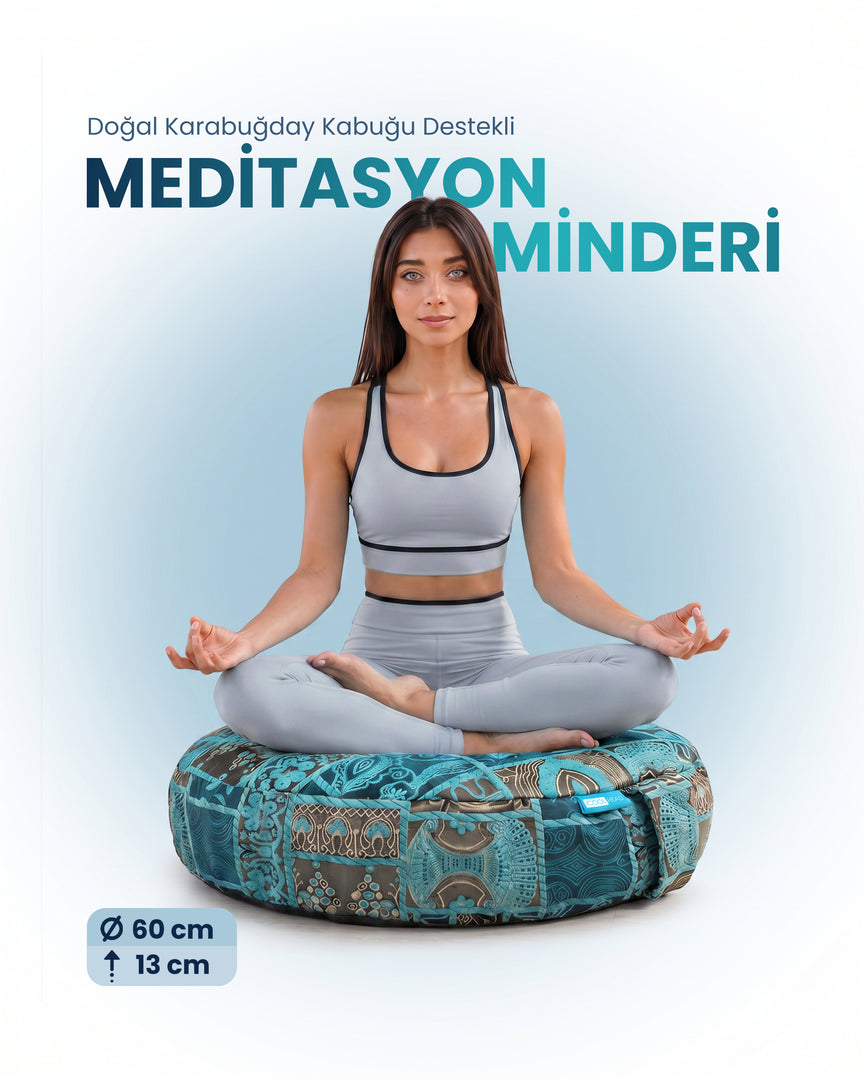 Doğal Karabuğday Kabuğu Dolgulu Meditasyon ve Yoga Minderi – Ortopedik Destekli Oturma Minderi 60 cm