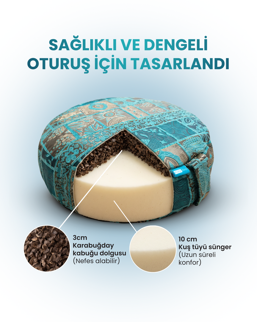 Doğal Karabuğday Kabuğu Dolgulu Meditasyon ve Yoga Minderi – Ortopedik Destekli Oturma Minderi 60 cm