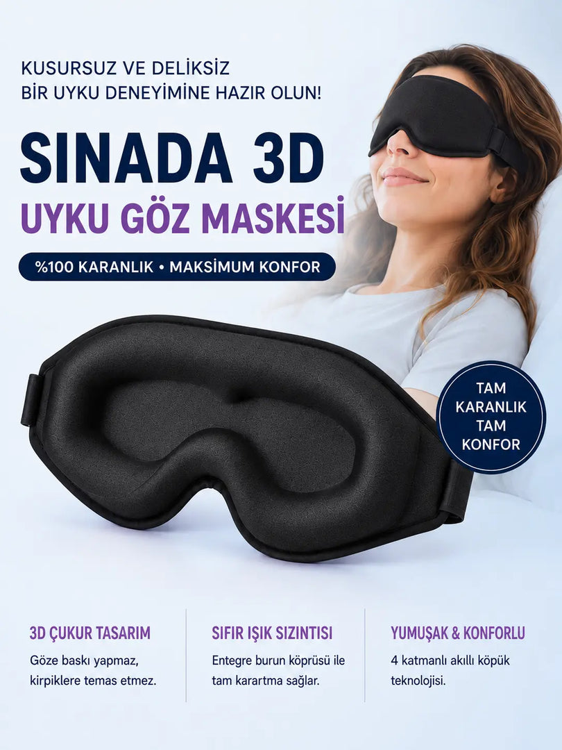 Sinada Premium 3D Uyku Göz Maskesi Köpük Uyku Bandı - Siyah
