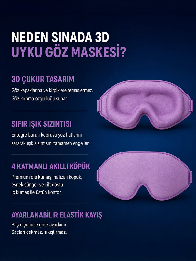 Sinada Premium 3D Uyku Göz Maskesi Köpük Uyku Bandı - Lila